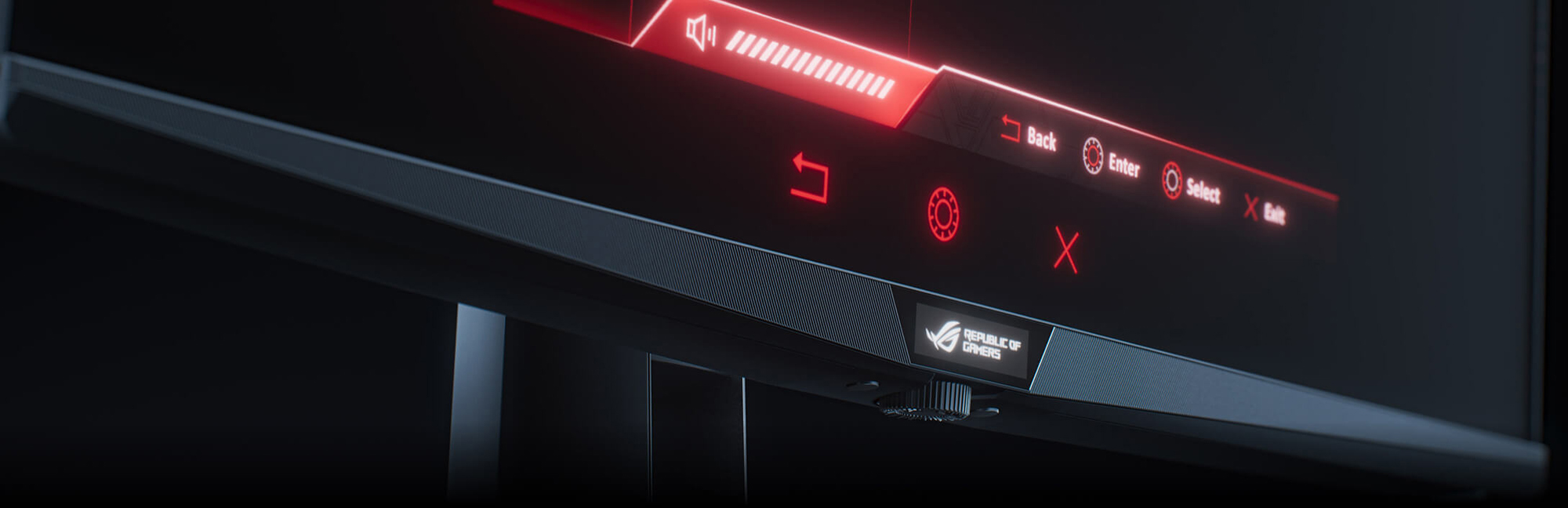 The bottom bezel of a gaming monitor, showing its control knob and on-screen menu.
