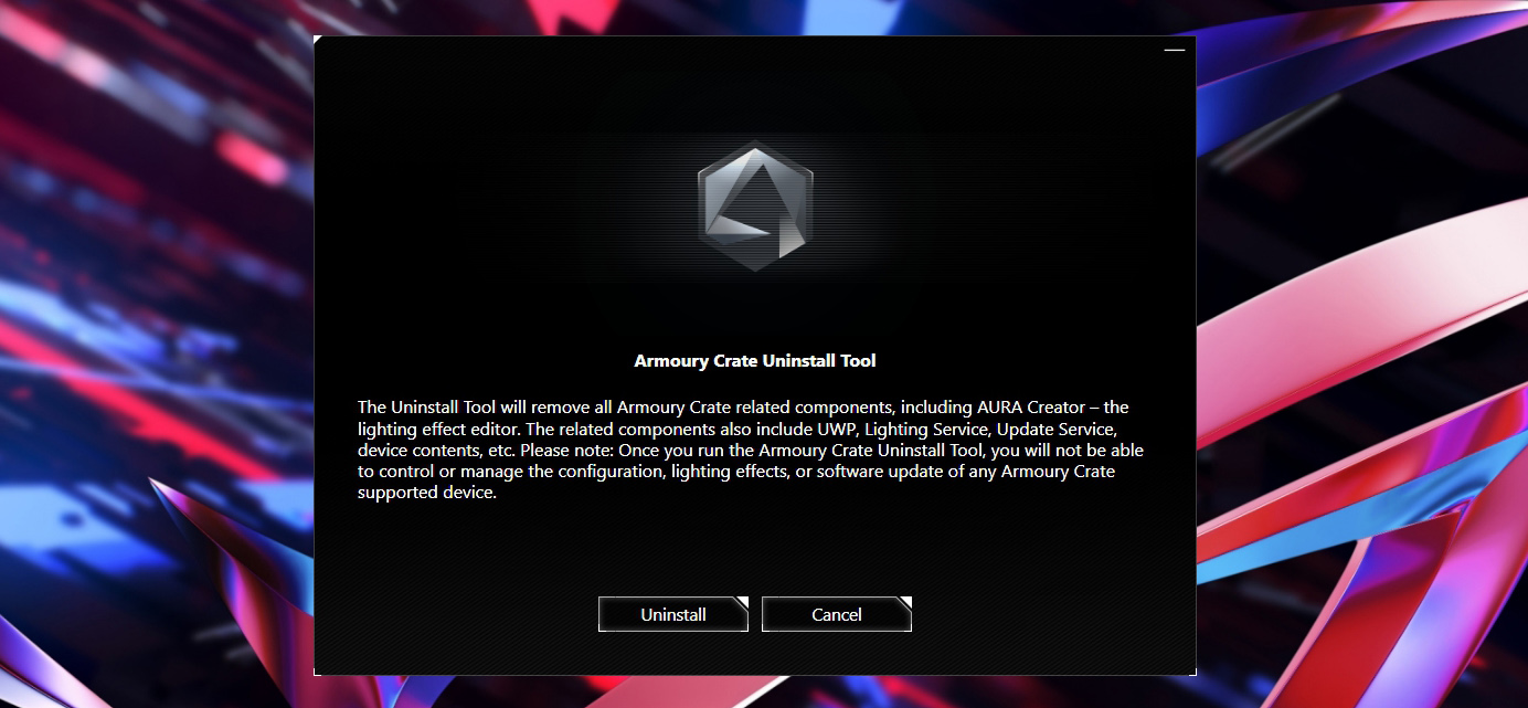 A screenshot of the Armoury Crate uninstaller.