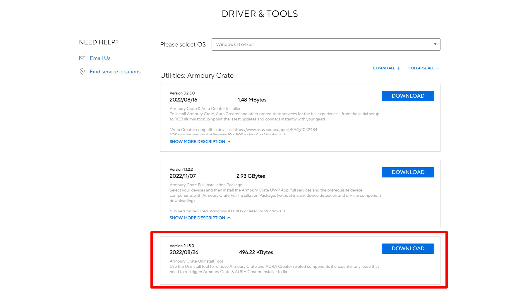 A screenshot of the Armoury Crate download page, with the uninstaller tool highlighted in red.