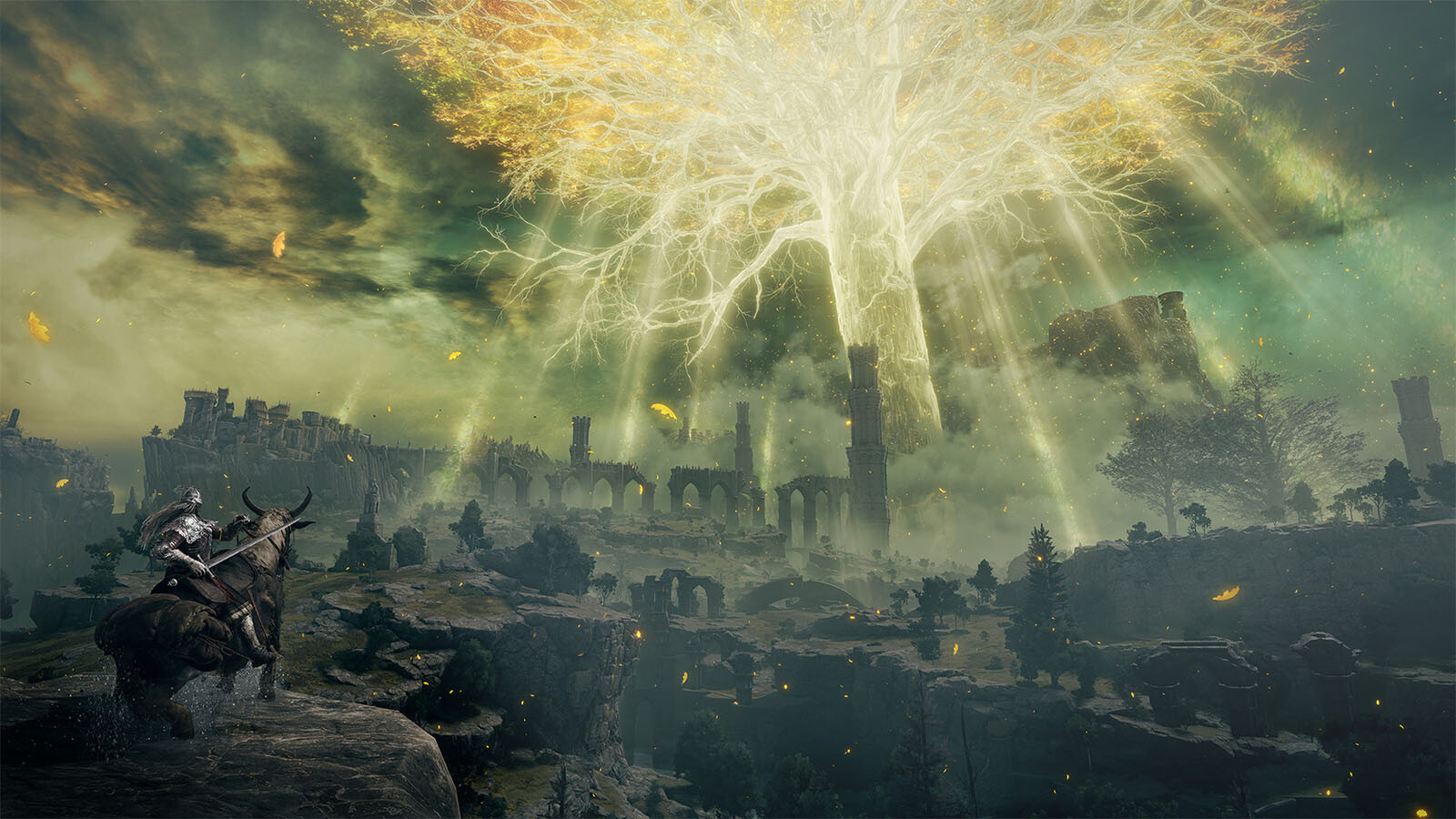 A video game screenshot of a knight on horseback under a tall, glowing tree.